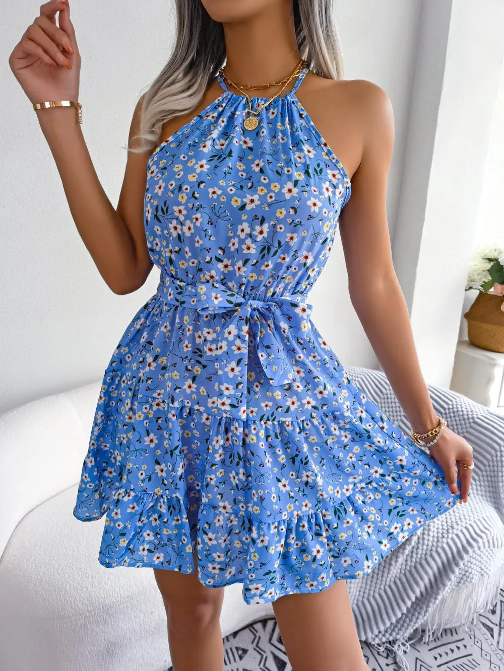 Women Halter Summer Dresses Casual Sleeveless Floral Ruffle Mini Boho Beach Sun Dress