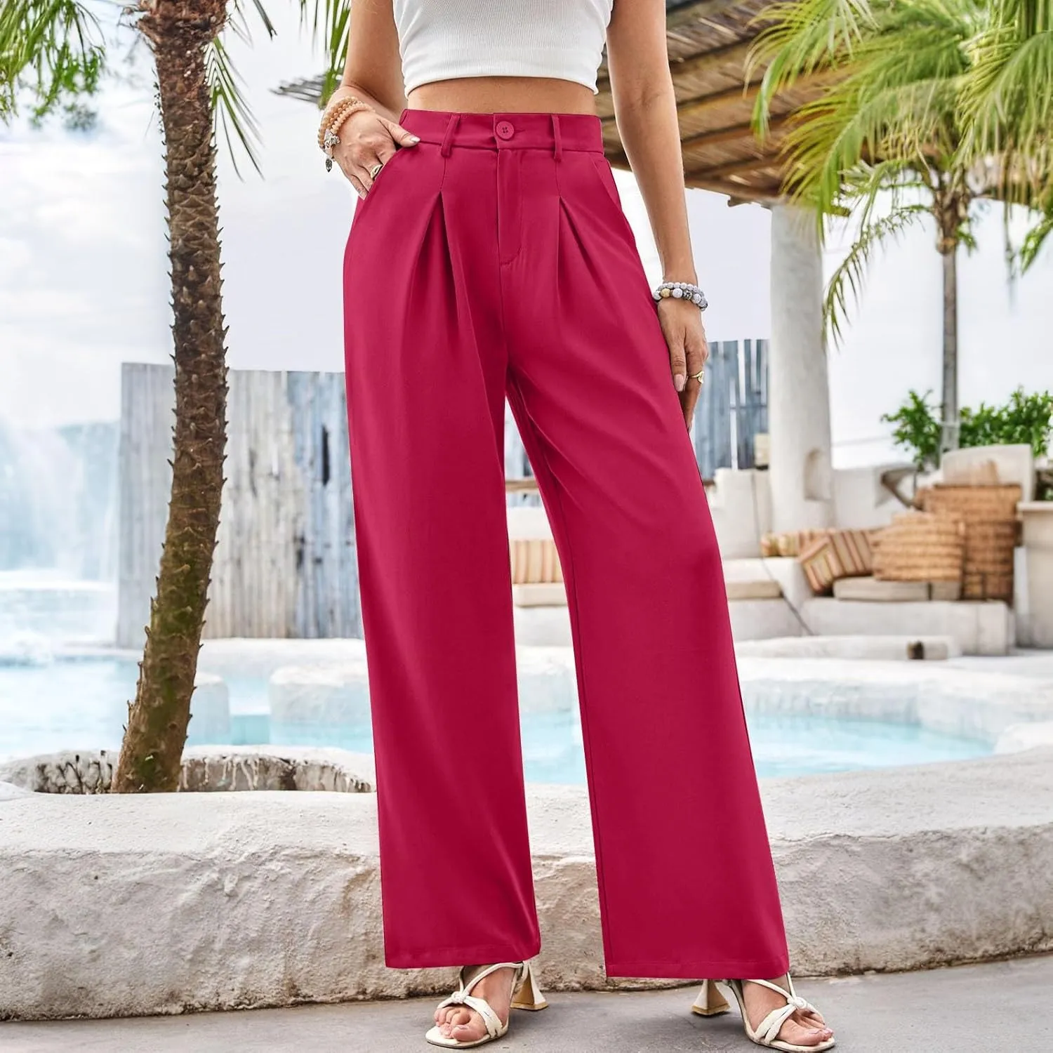 Women High Waist Business Casual Palazzo Trousers Button Down Loose Work Office Business Dress Pants Suit Pant