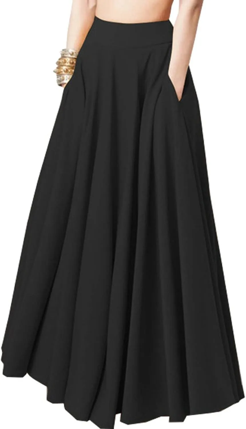 Women High Waist Maxi Skirt A Line Stretch Ankle Length Skirts Solid Color Plus Size Lightweight Summer Dress