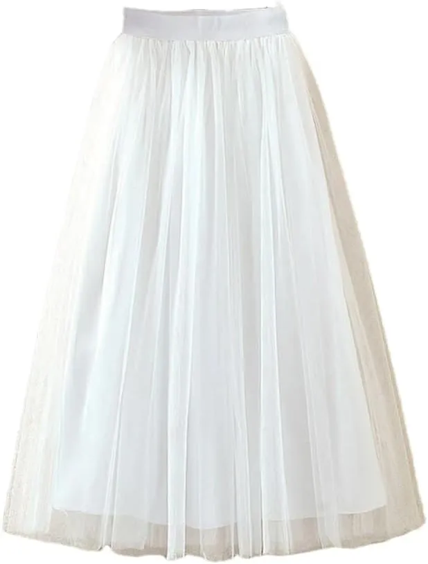 Women Korean Midi Summer Tulle Skirt Casual High Waist Pleated School Long A-Line Skirt