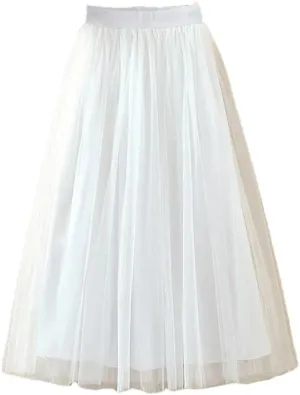 Women Korean Midi Summer Tulle Skirt Casual High Waist Pleated School Long A-Line Skirt