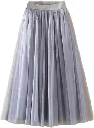 Women Korean Midi Summer Tulle Skirt Casual High Waist Pleated School Long A-Line Skirt