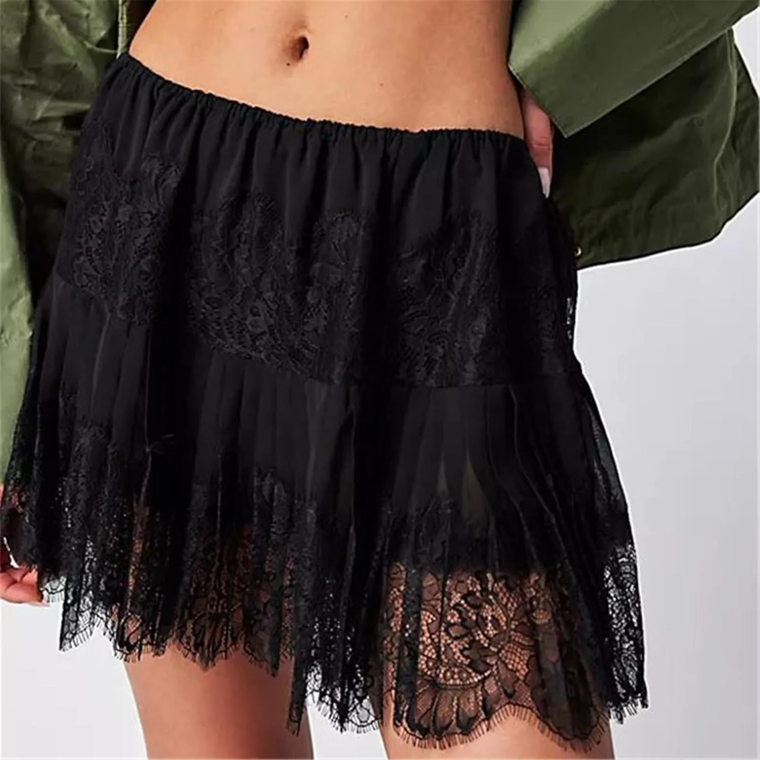 Women Lace Slip Skirts Y2k Tiered Layered Pleated Ruffle Mini Skirts Floral Lace Short Underskirts Streetwear