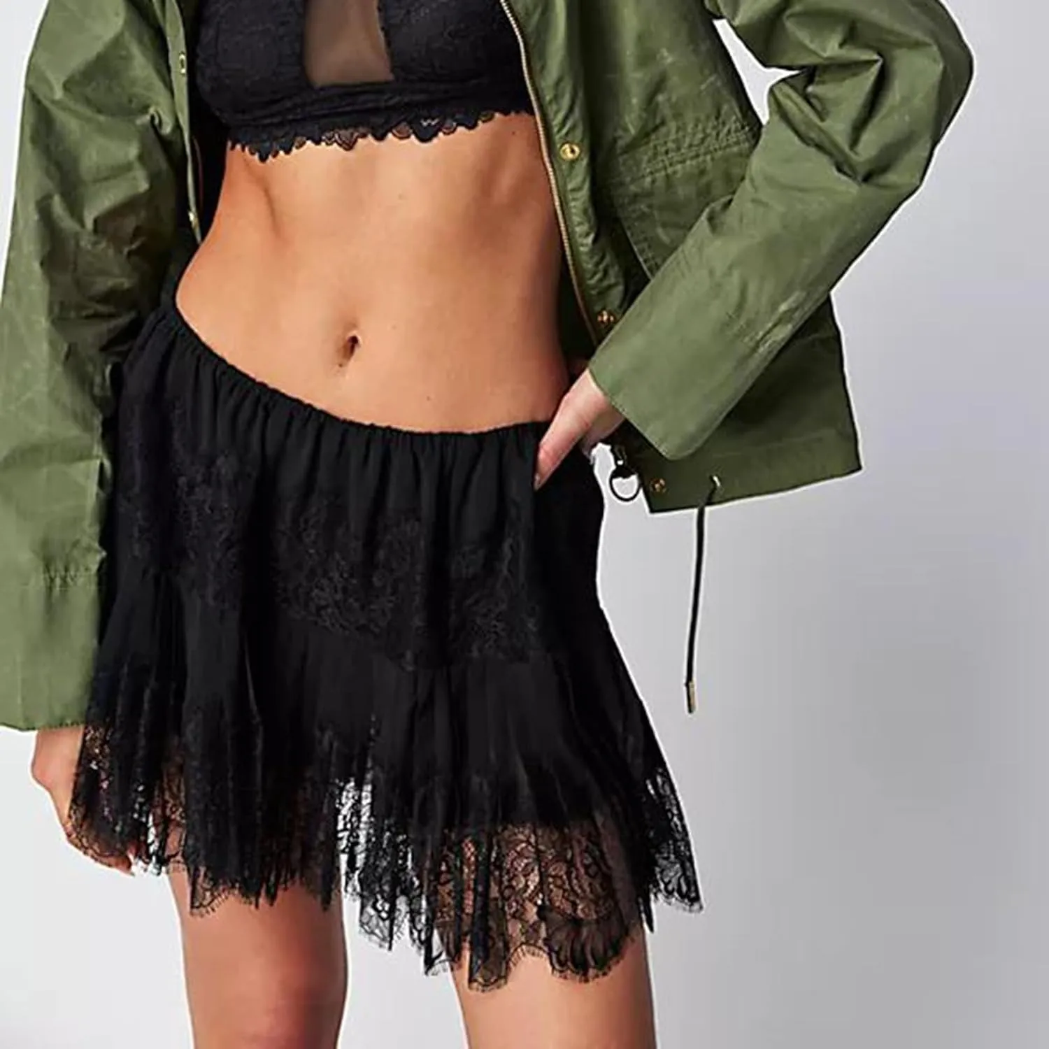 Women Lace Slip Skirts Y2k Tiered Layered Pleated Ruffle Mini Skirts Floral Lace Short Underskirts Streetwear