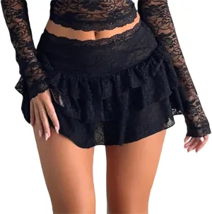 Women Lace Slip Skirts Y2k Tiered Layered Pleated Ruffle Mini Skirts Floral Lace Short Underskirts Streetwear