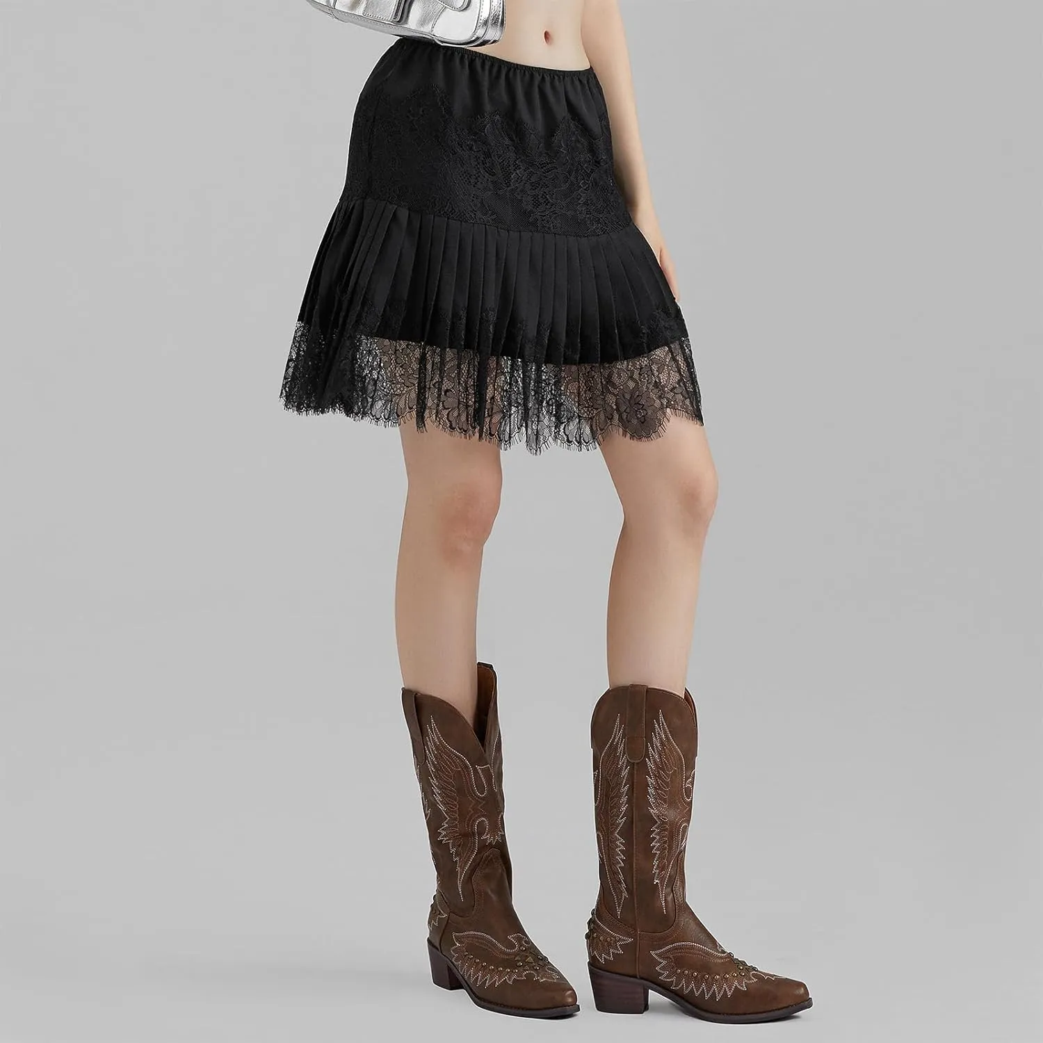 Women Lace Slip Skirts Y2k Tiered Layered Pleated Ruffle Mini Skirts Floral Lace Short Underskirts Streetwear