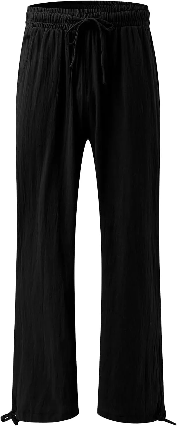 Women Linen Palazzo Pants Summer Boho Wide Leg High Waist Elastic Drawstring Casual Lounge Pant Trousers with Pockets