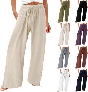 Women Linen Palazzo Pants Summer Boho Wide Leg High Waist Elastic Drawstring Casual Lounge Pant Trousers with Pockets