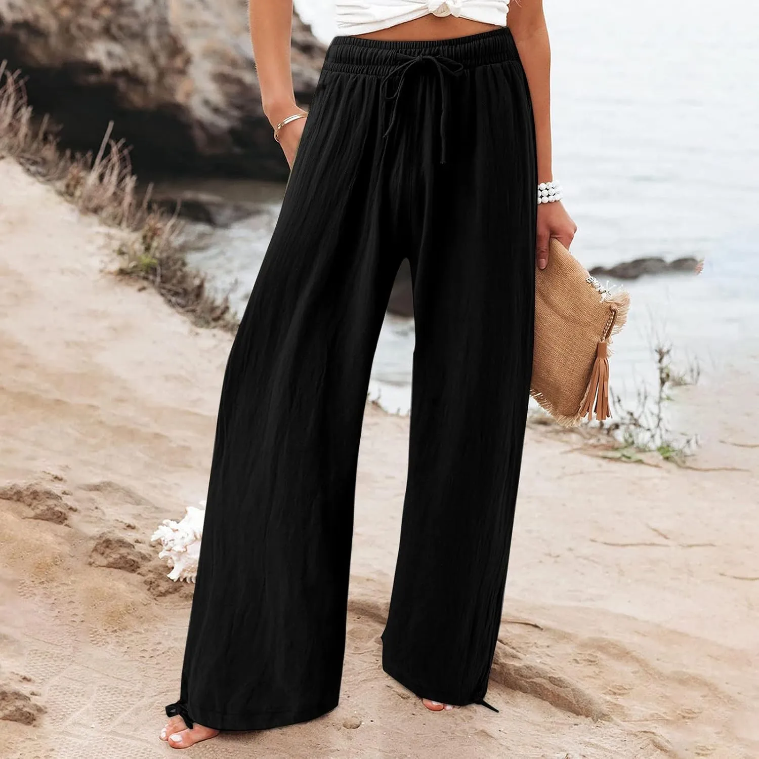 Women Linen Palazzo Pants Summer Boho Wide Leg High Waist Elastic Drawstring Casual Lounge Pant Trousers with Pockets