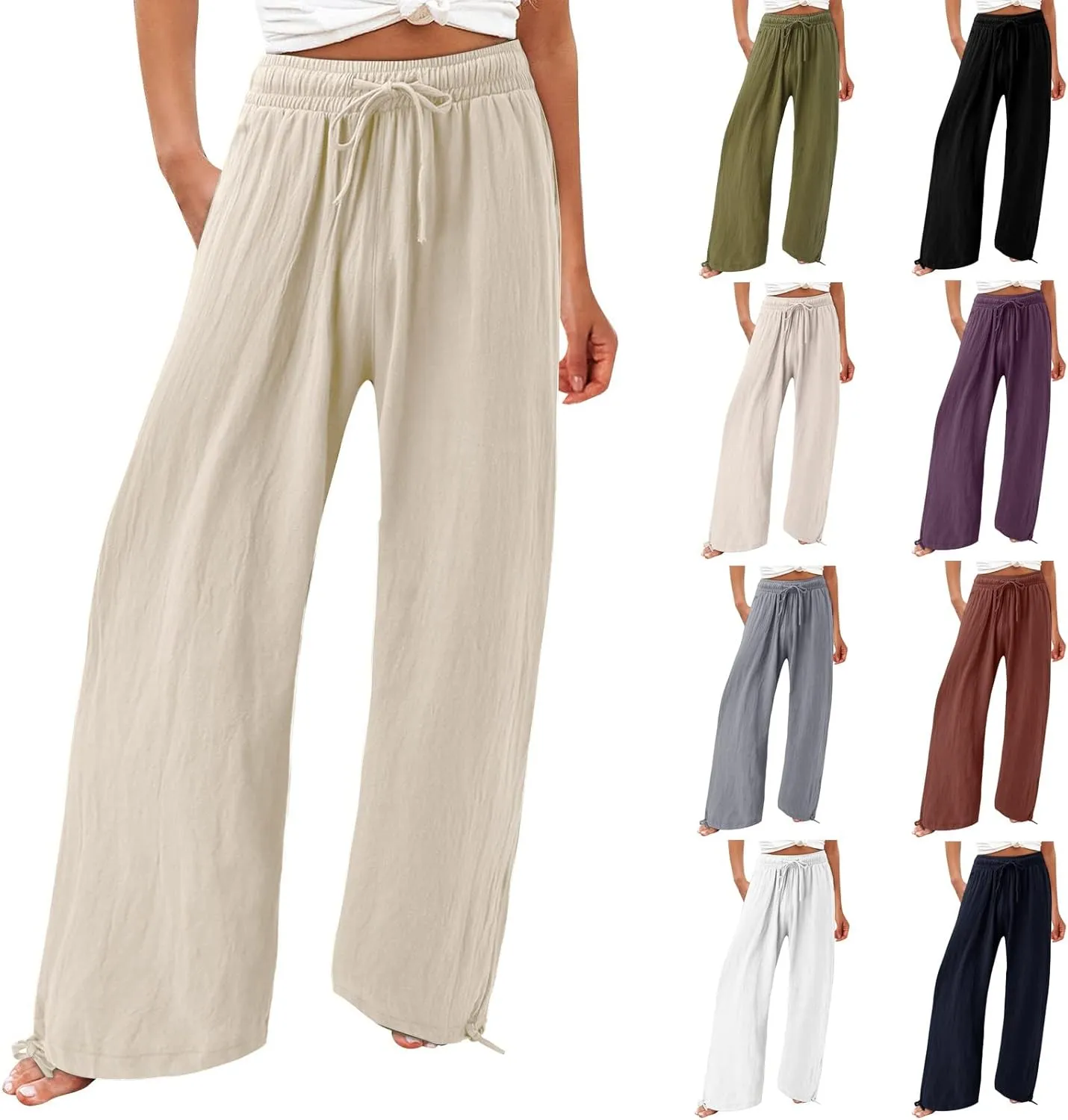 Women Linen Palazzo Pants Summer Boho Wide Leg High Waist Elastic Drawstring Casual Lounge Pant Trousers with Pockets