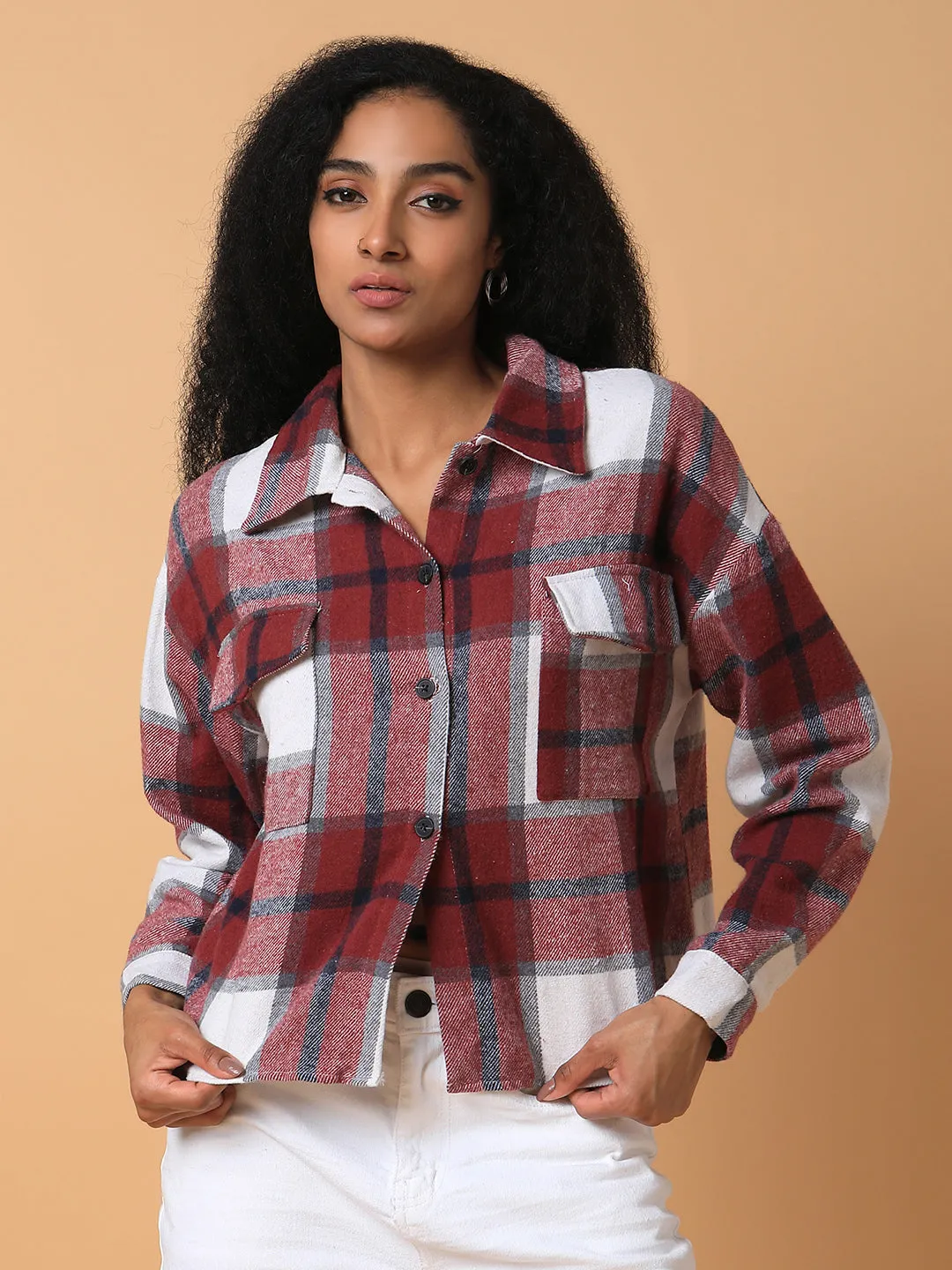 Women Maroon Relaxed Tartan Checks Opaque Checked Casual Shirt