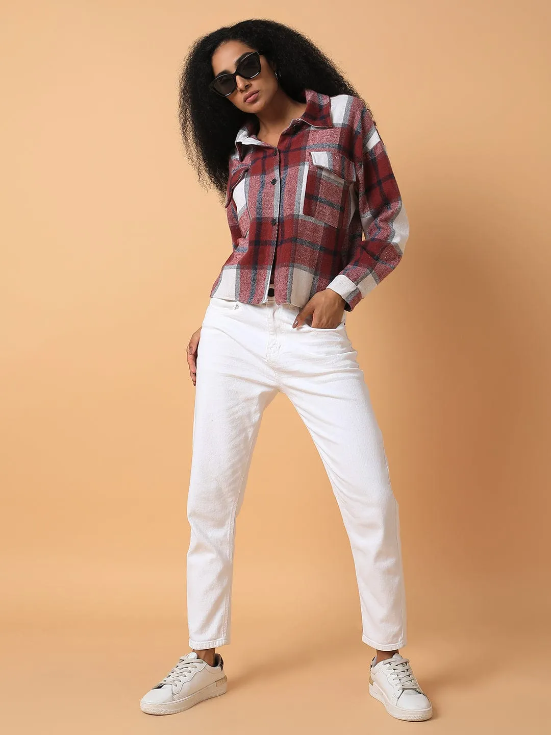 Women Maroon Relaxed Tartan Checks Opaque Checked Casual Shirt