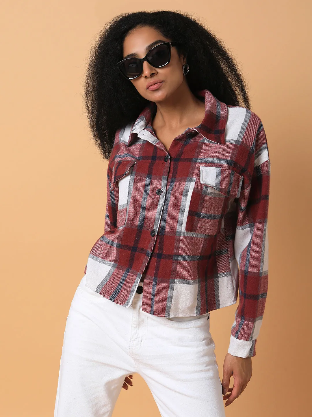Women Maroon Relaxed Tartan Checks Opaque Checked Casual Shirt