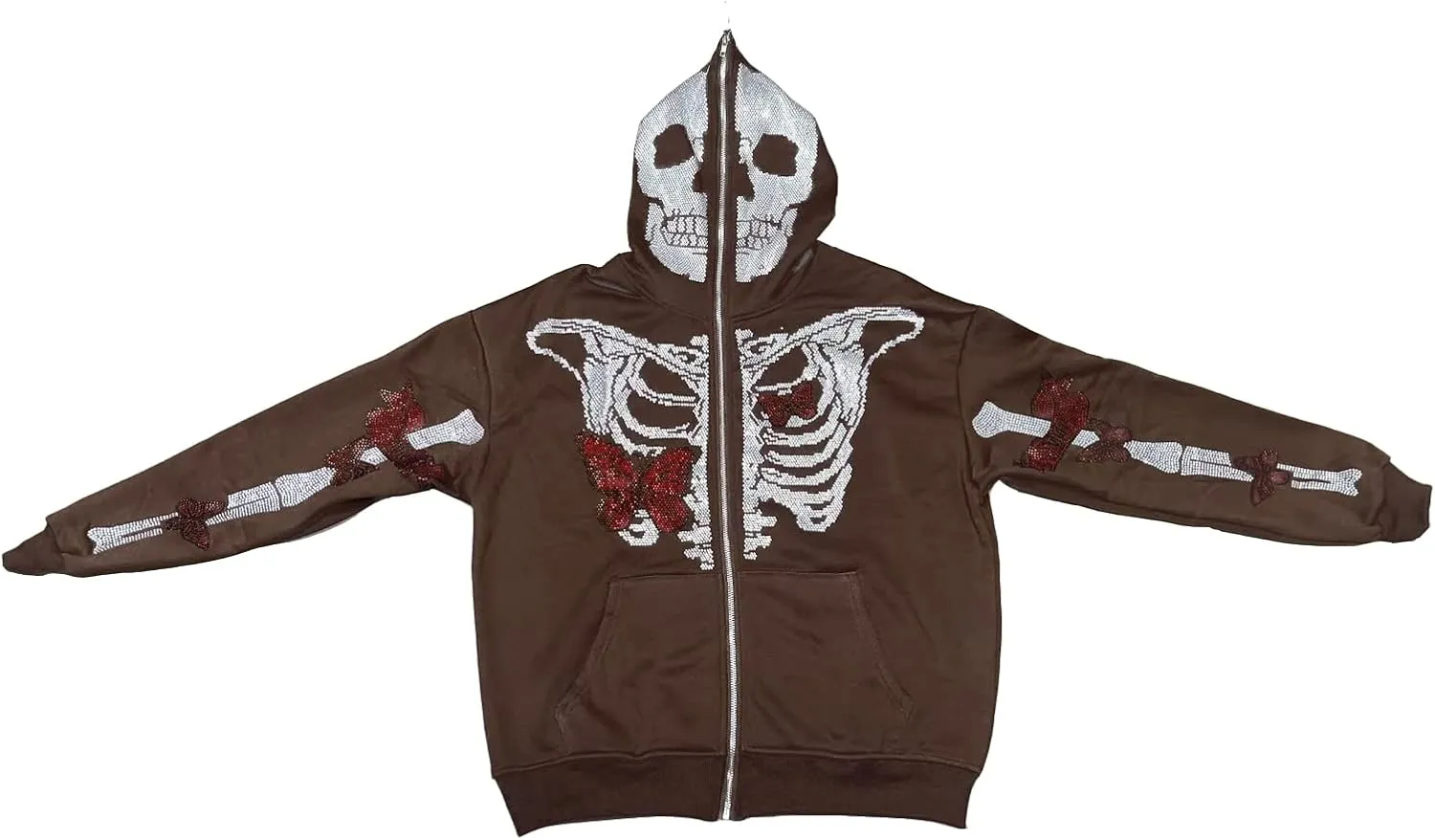 Women Men Zip Up Oversize Hoodie Gothic Skeleton Butterfly Rhinestones Graphic Sweatshirt Jacket Pullover Cardigan Streetwear