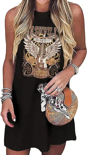 Women Nashville Music City Mini Dress Retro Western Country Music Rock Band Graphic Bodycon Mini Dress
