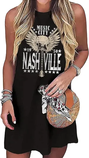 Women Nashville Music City Mini Dress Retro Western Country Music Rock Band Graphic Bodycon Mini Dress