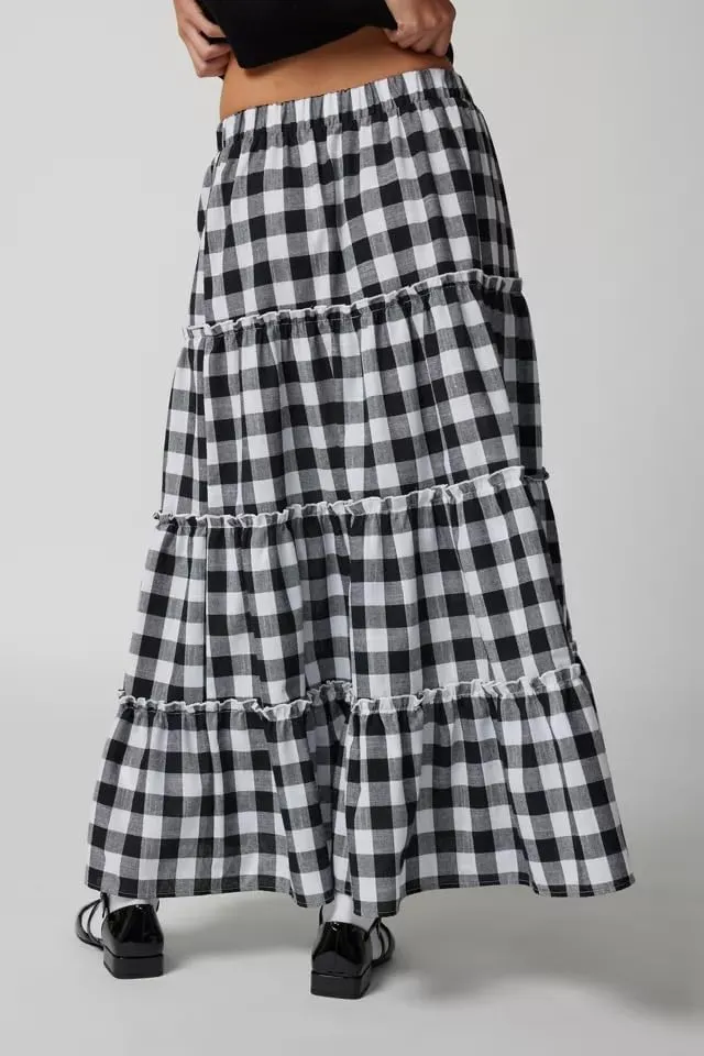 Women Plaid Print Midi Skirts Elastic High Waist A Line Pleated Flowy Maxi Skirts Casual Tiered Summer Skirts