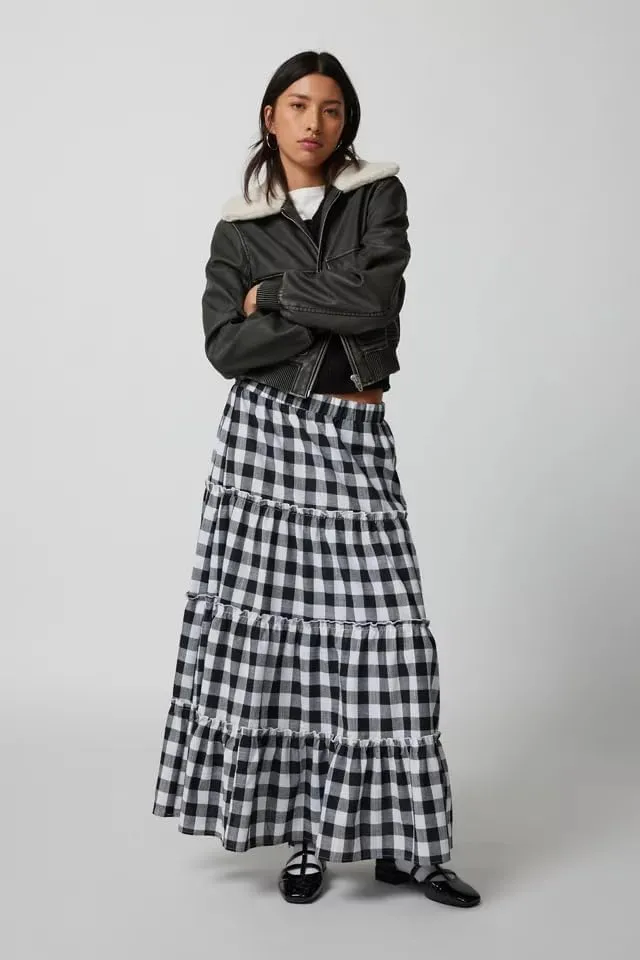 Women Plaid Print Midi Skirts Elastic High Waist A Line Pleated Flowy Maxi Skirts Casual Tiered Summer Skirts