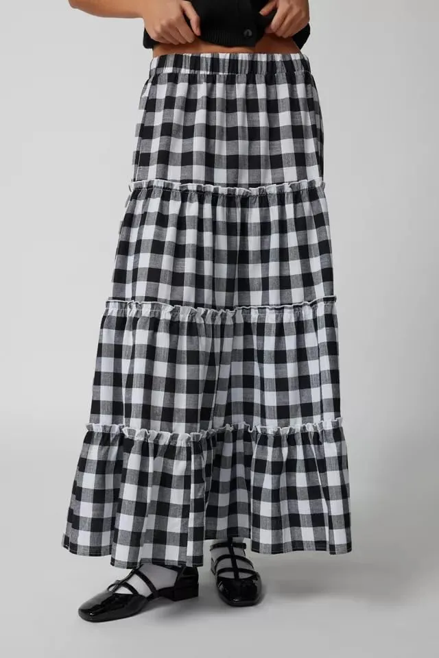 Women Plaid Print Midi Skirts Elastic High Waist A Line Pleated Flowy Maxi Skirts Casual Tiered Summer Skirts