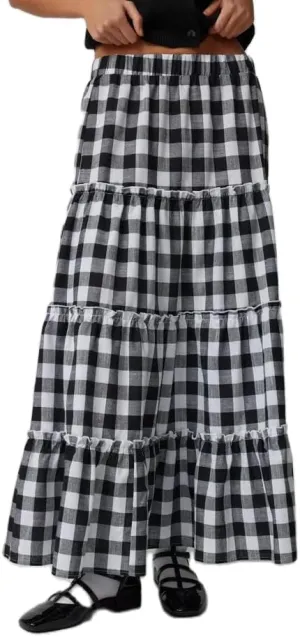 Women Plaid Print Midi Skirts Elastic High Waist A Line Pleated Flowy Maxi Skirts Casual Tiered Summer Skirts