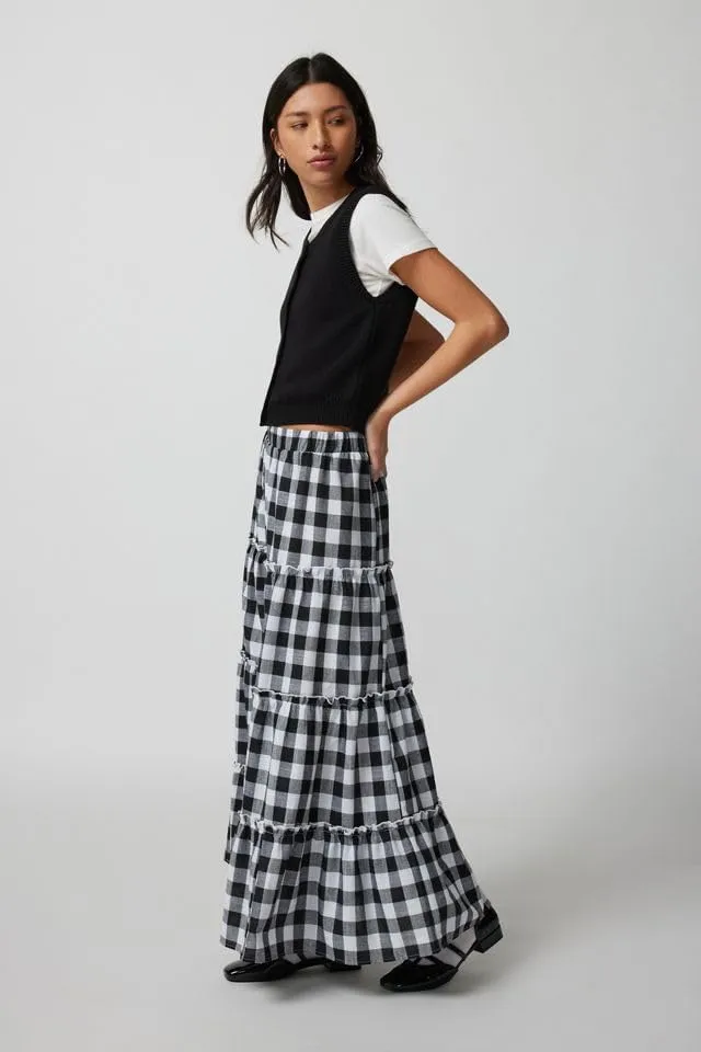Women Plaid Print Midi Skirts Elastic High Waist A Line Pleated Flowy Maxi Skirts Casual Tiered Summer Skirts