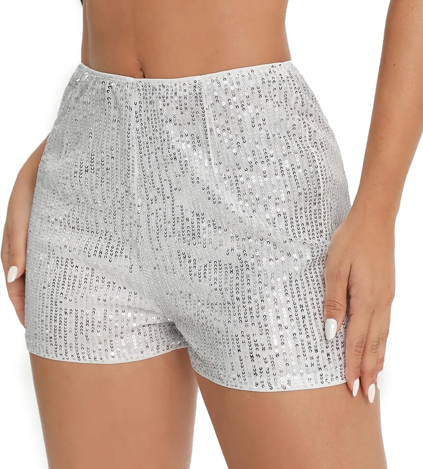 Women Sequin Shorts High Waist Elastic Sparkly Straight Leg Short Glitter Sparkle Hot Pants Party Outfits