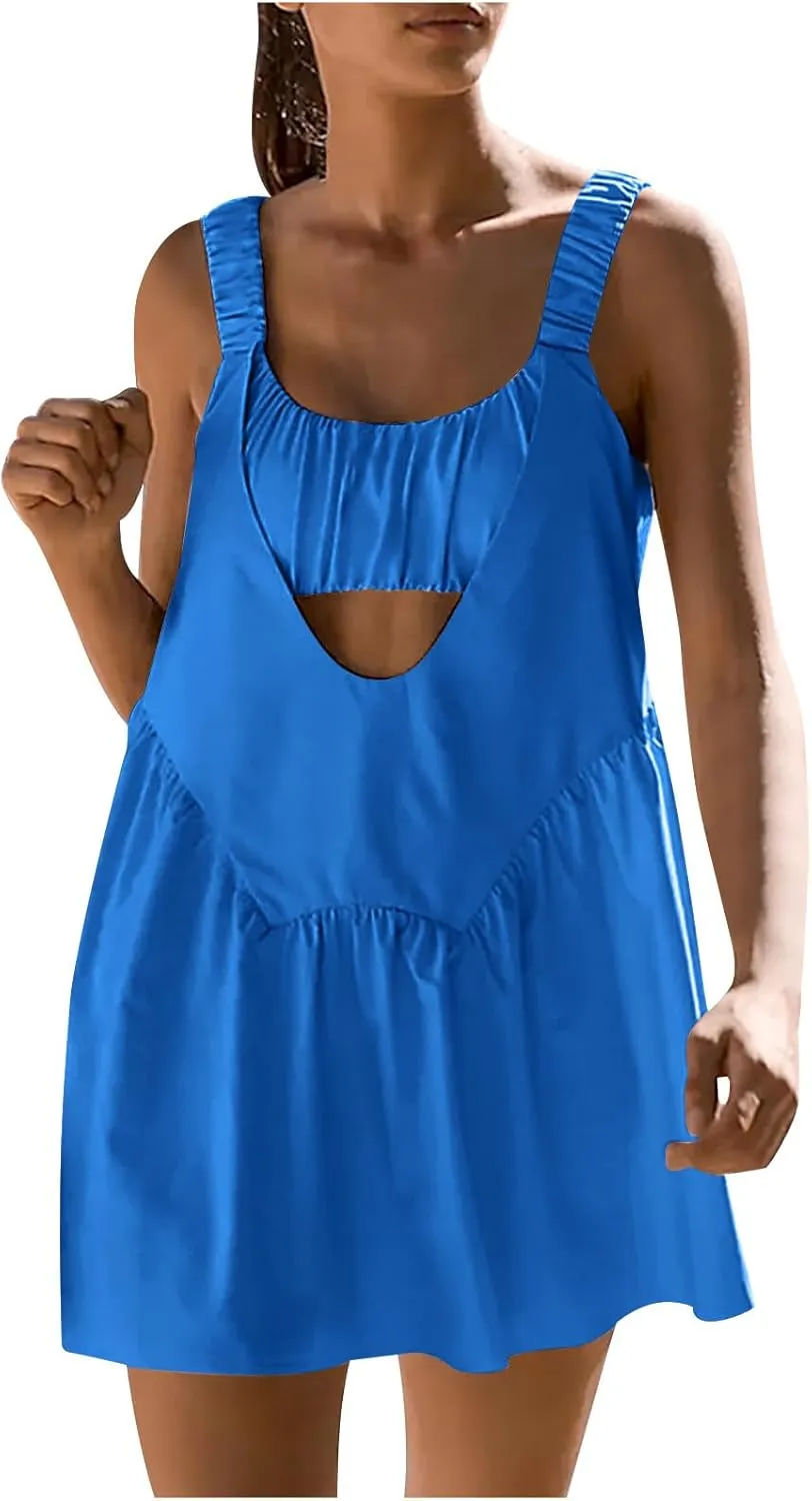 Women Tennis Dress with Built in Shorts and Bra Sleeveless Casual Backless Golf Dress Athletic Dress with Pockets