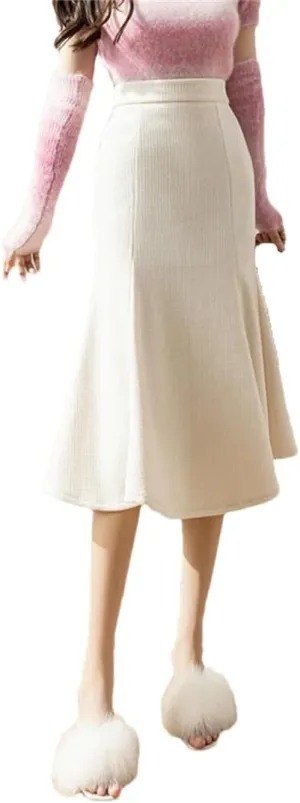 Women Tweed Fishtail Pencil Skirts High Waist Chenille Slim Fit Midi Skirts Winter