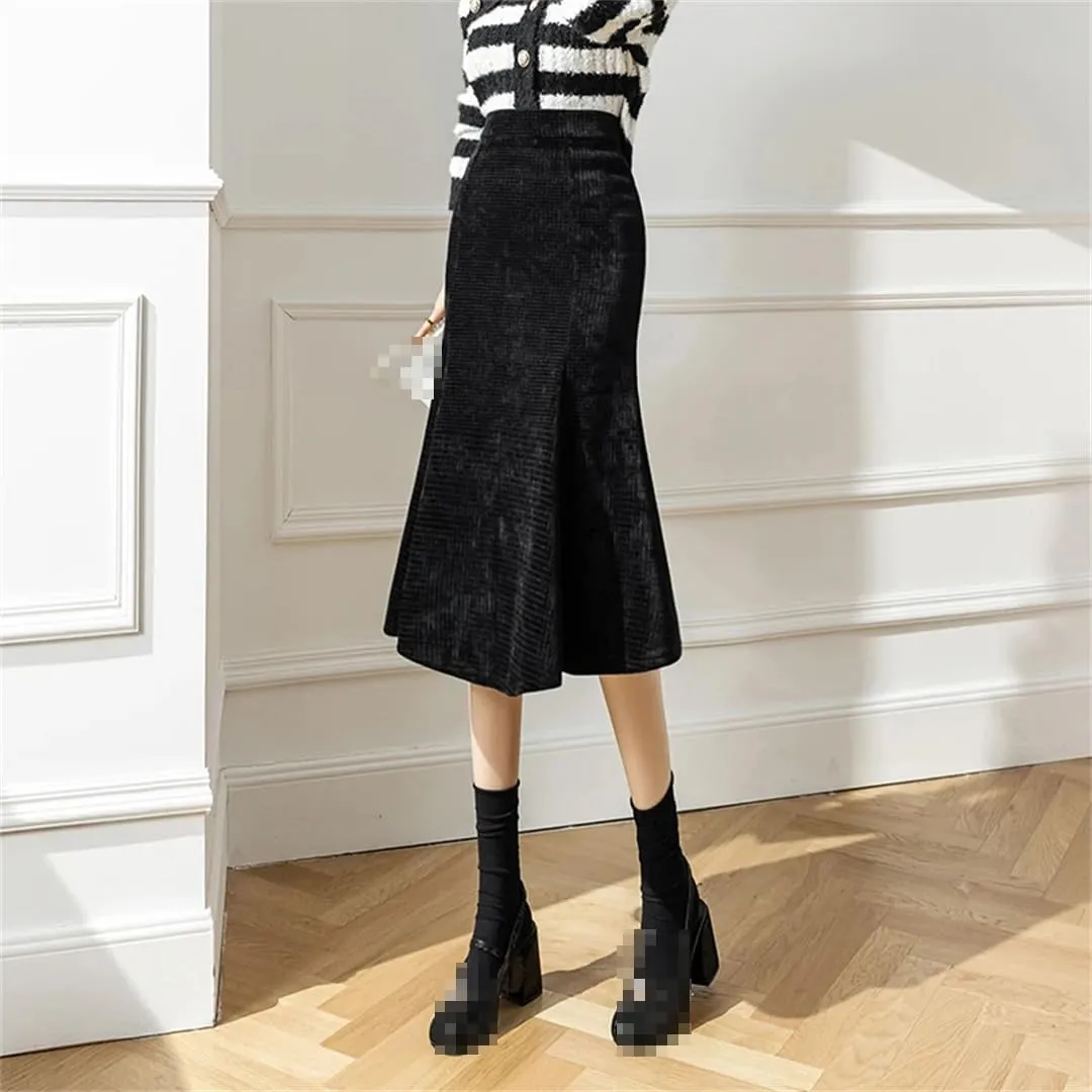 Women Tweed Fishtail Pencil Skirts High Waist Chenille Slim Fit Midi Skirts Winter