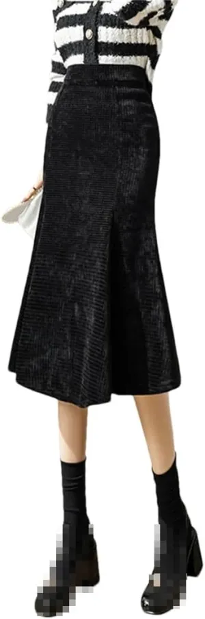 Women Tweed Fishtail Pencil Skirts High Waist Chenille Slim Fit Midi Skirts Winter