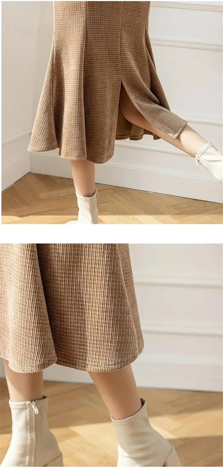 Women Tweed Fishtail Pencil Skirts High Waist Chenille Slim Fit Midi Skirts Winter