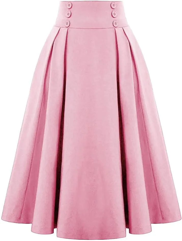 Women Vintage Skirt High Waist Pleated Skirt Womens Double Breasted with Pockets A-Line Midi Skirt