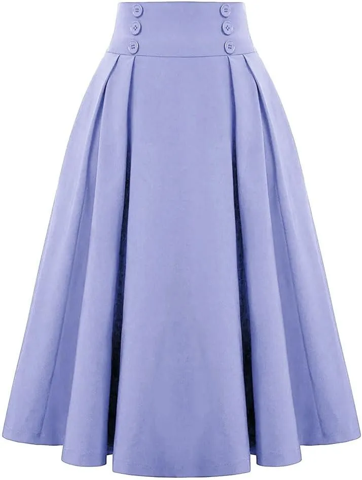 Women Vintage Skirt High Waist Pleated Skirt Womens Double Breasted with Pockets A-Line Midi Skirt
