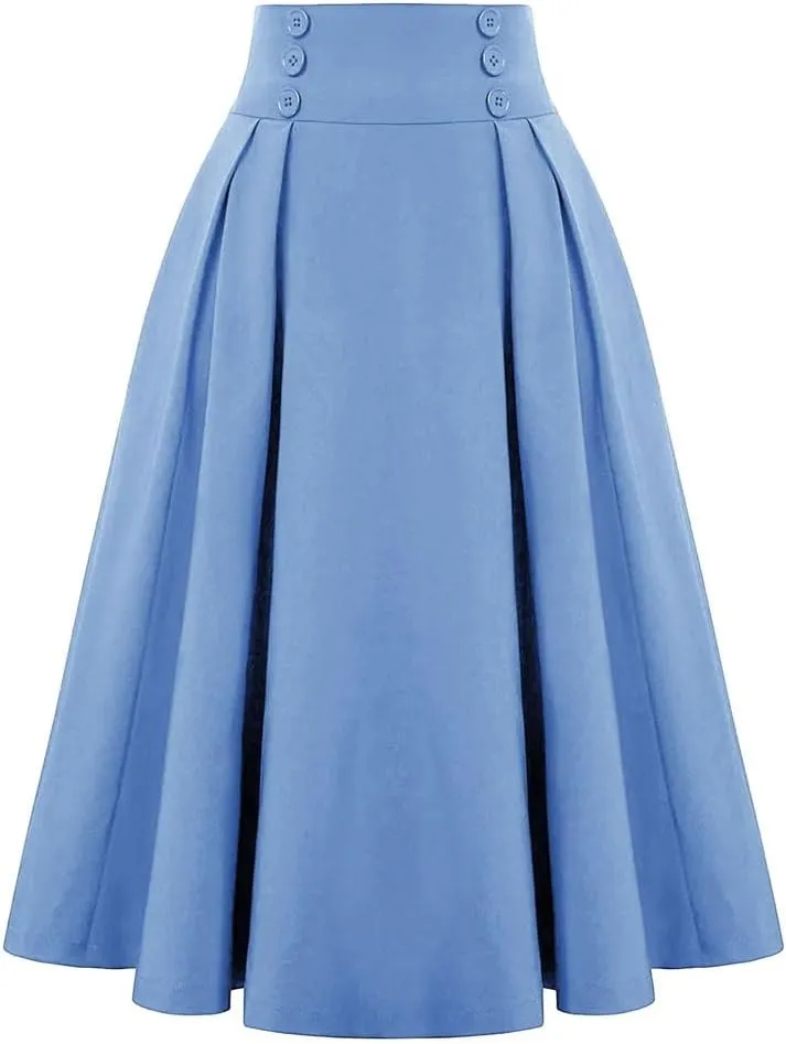 Women Vintage Skirt High Waist Pleated Skirt Womens Double Breasted with Pockets A-Line Midi Skirt