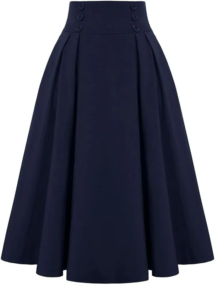 Women Vintage Skirt High Waist Pleated Skirt Womens Double Breasted with Pockets A-Line Midi Skirt