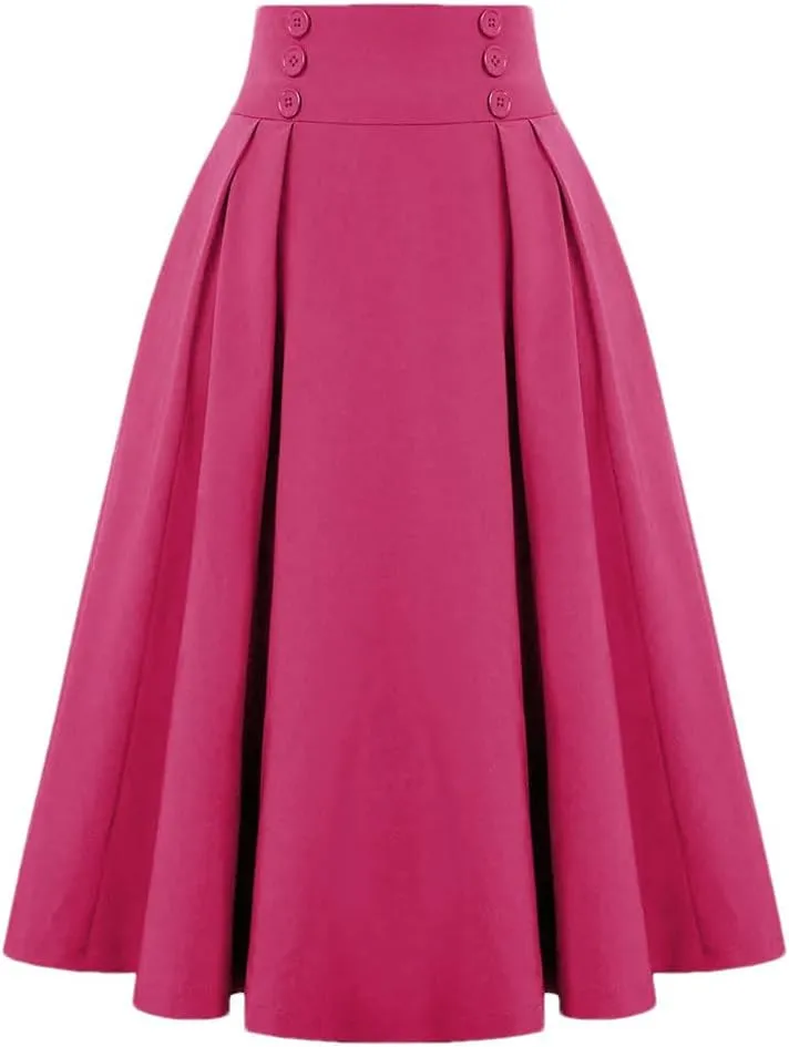 Women Vintage Skirt High Waist Pleated Skirt Womens Double Breasted with Pockets A-Line Midi Skirt