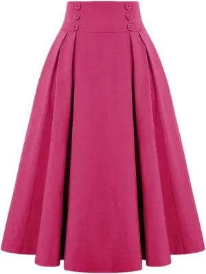 Women Vintage Skirt High Waist Pleated Skirt Womens Double Breasted with Pockets A-Line Midi Skirt