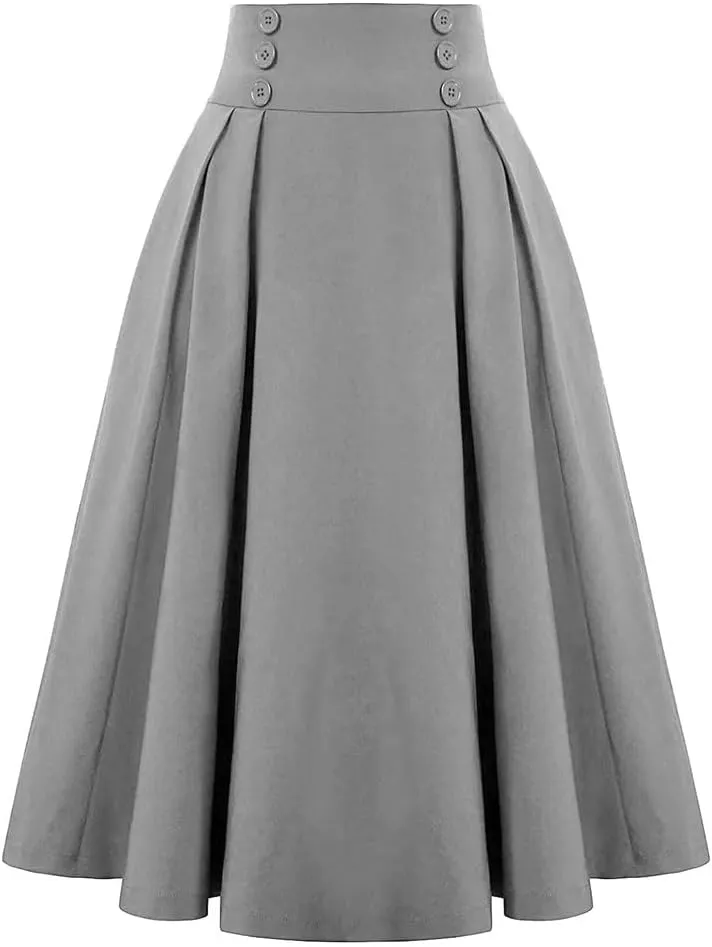 Women Vintage Skirt High Waist Pleated Skirt Womens Double Breasted with Pockets A-Line Midi Skirt