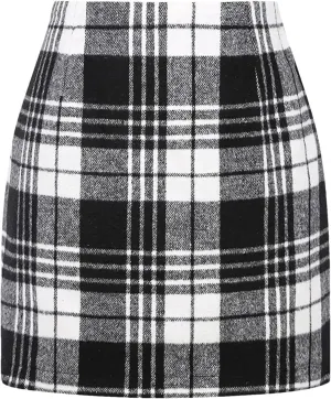 Women Wool Plaid Mini Skirt High Waist Vintage Office Lady Slim Short Pencil Skirts