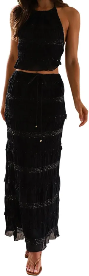 Women Y2k 2 Piece Maxi Skirts Set Halter Cami Crop Tops Ruffle Long Skirts Mesh Outfits Beachwear