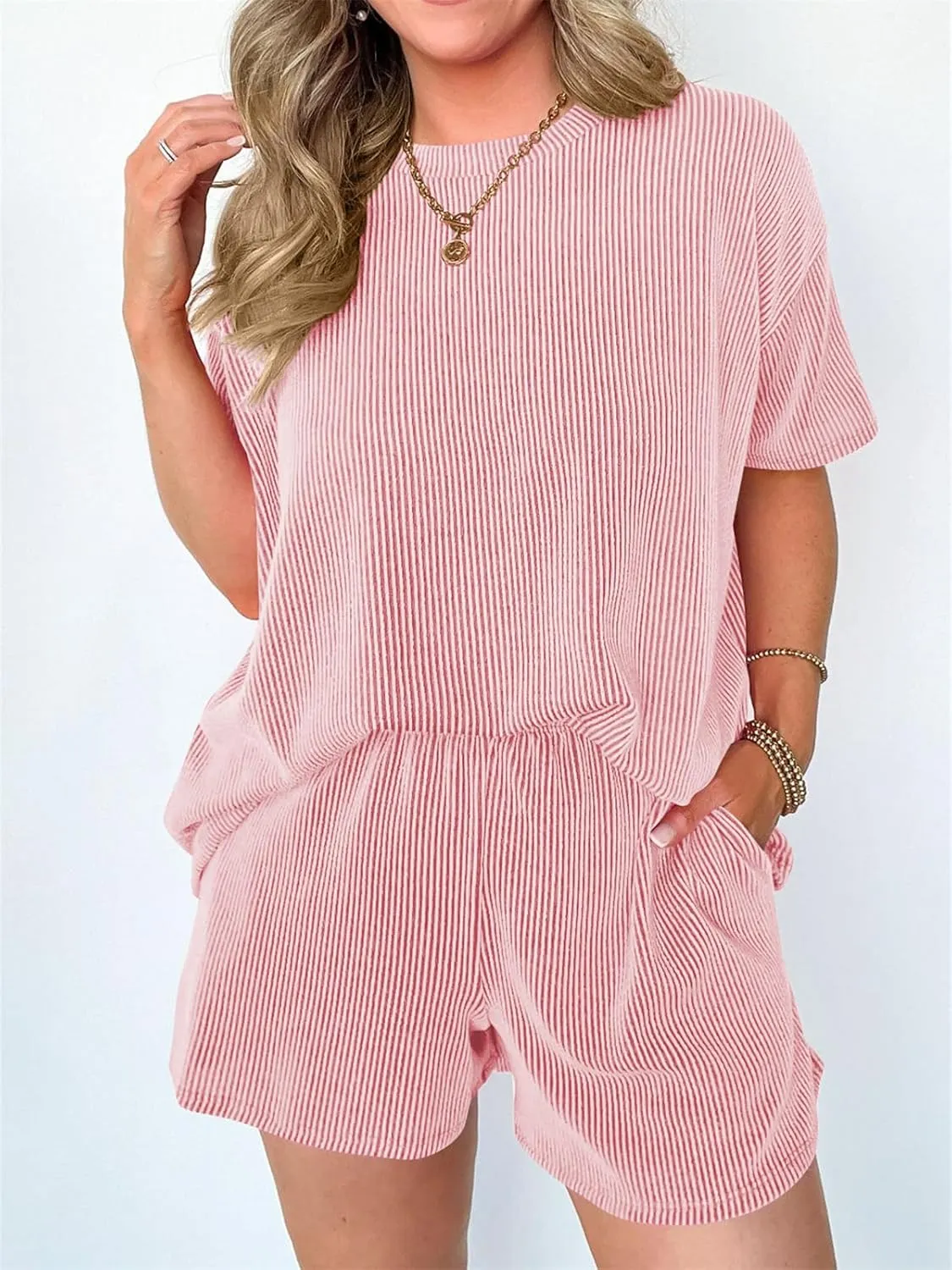 Womens 2 Piece Outfits Casual Short Sleeve Ribbed Crewneck Pajamas Sets Lounge Tops and Shorts Loungewear