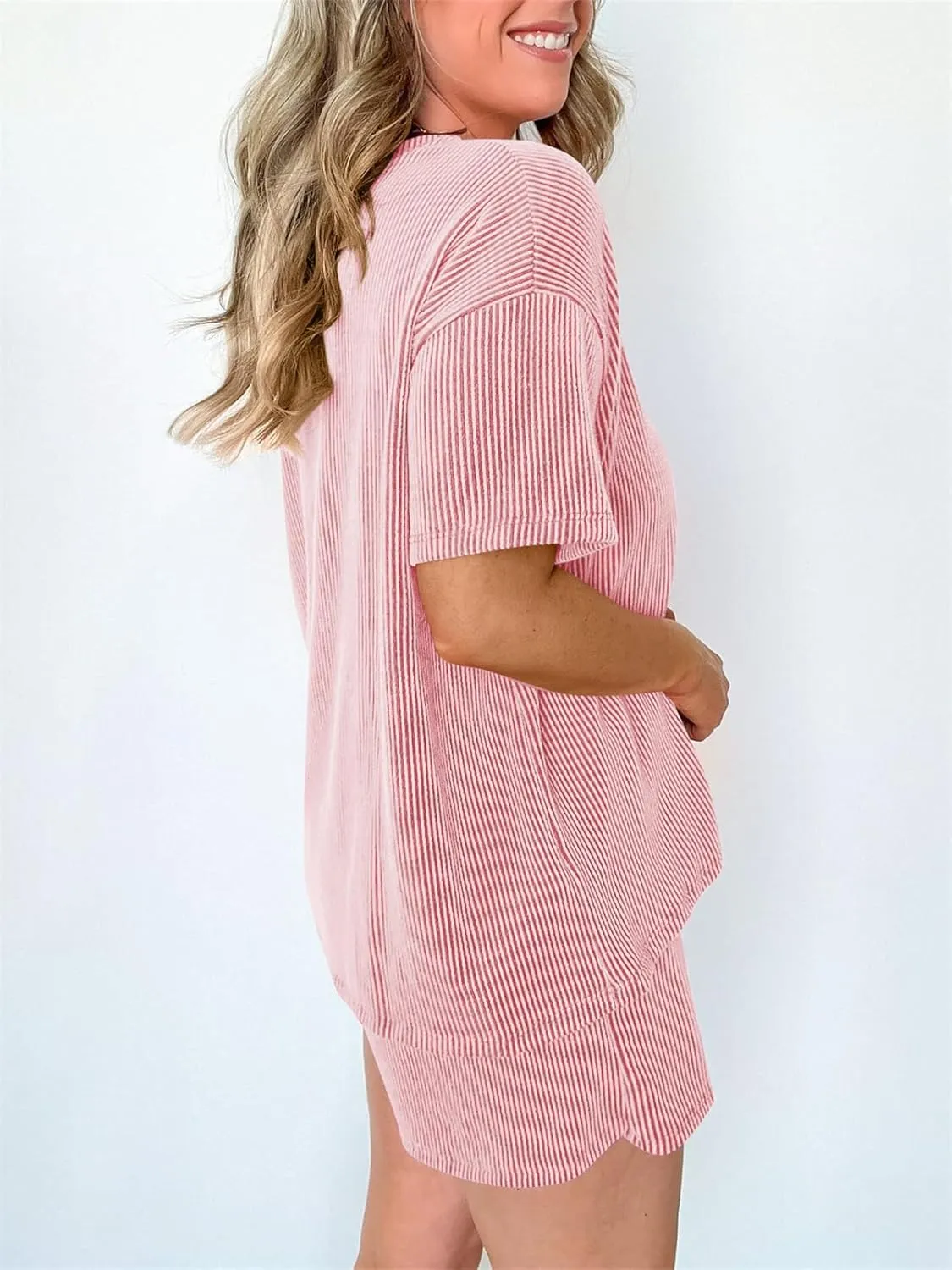 Womens 2 Piece Outfits Casual Short Sleeve Ribbed Crewneck Pajamas Sets Lounge Tops and Shorts Loungewear