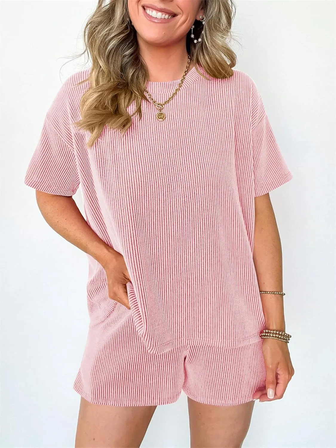Womens 2 Piece Outfits Casual Short Sleeve Ribbed Crewneck Pajamas Sets Lounge Tops and Shorts Loungewear