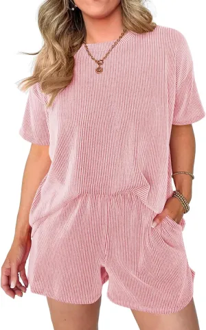 Womens 2 Piece Outfits Casual Short Sleeve Ribbed Crewneck Pajamas Sets Lounge Tops and Shorts Loungewear
