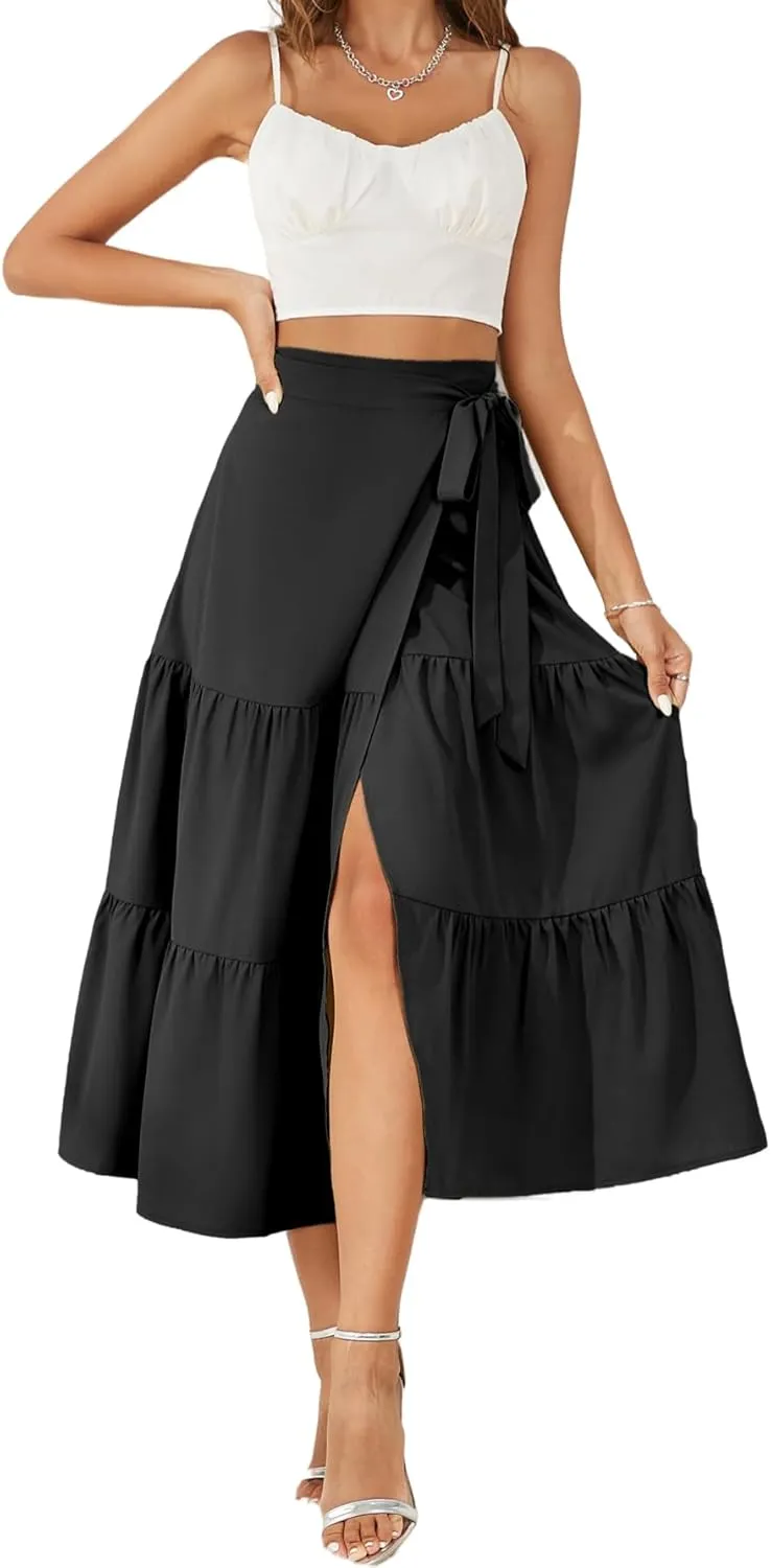 Women's 2023 Wrap Tiered A Line Pleated Split Ruffle Hem Flowy Beach Boho Midi Skirt
