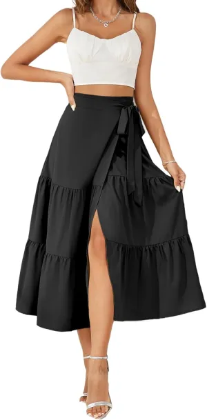 Women's 2023 Wrap Tiered A Line Pleated Split Ruffle Hem Flowy Beach Boho Midi Skirt