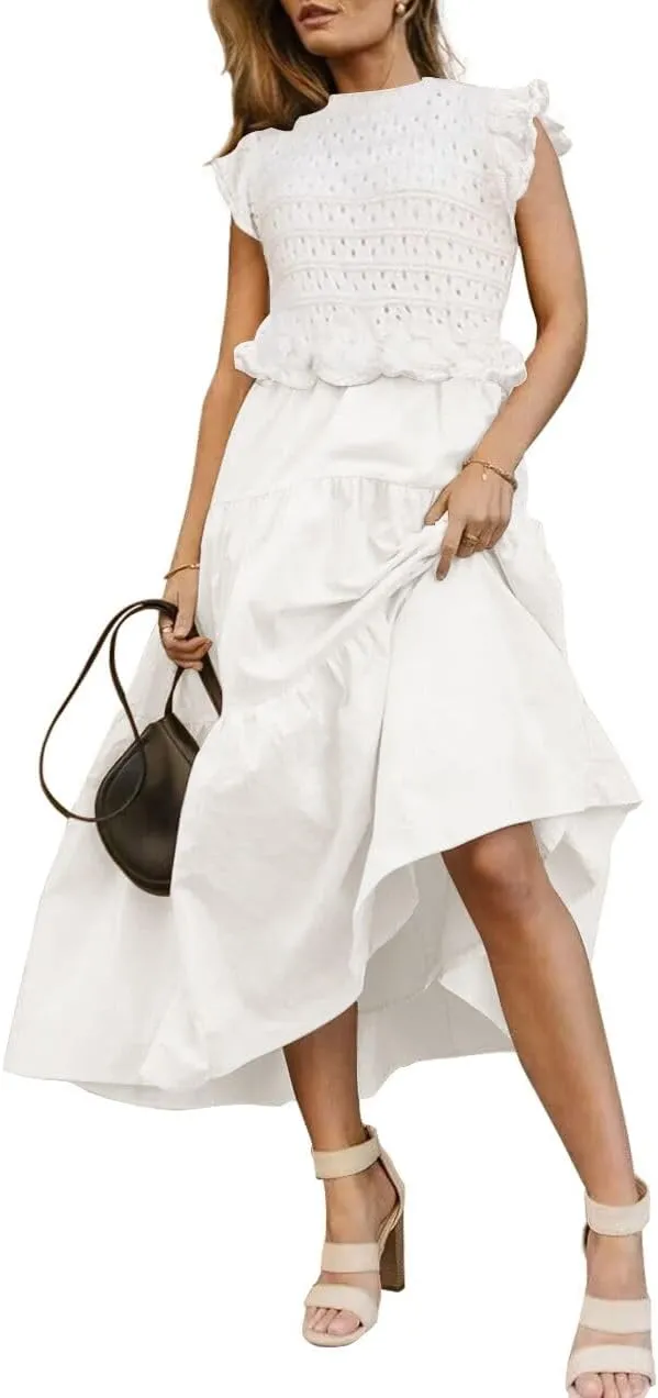 Womens 2025 Summer Causal Ruffle Sleeve Crochet Knit Tops Long Dress for Ladies Fall Trendy Tiered Dress