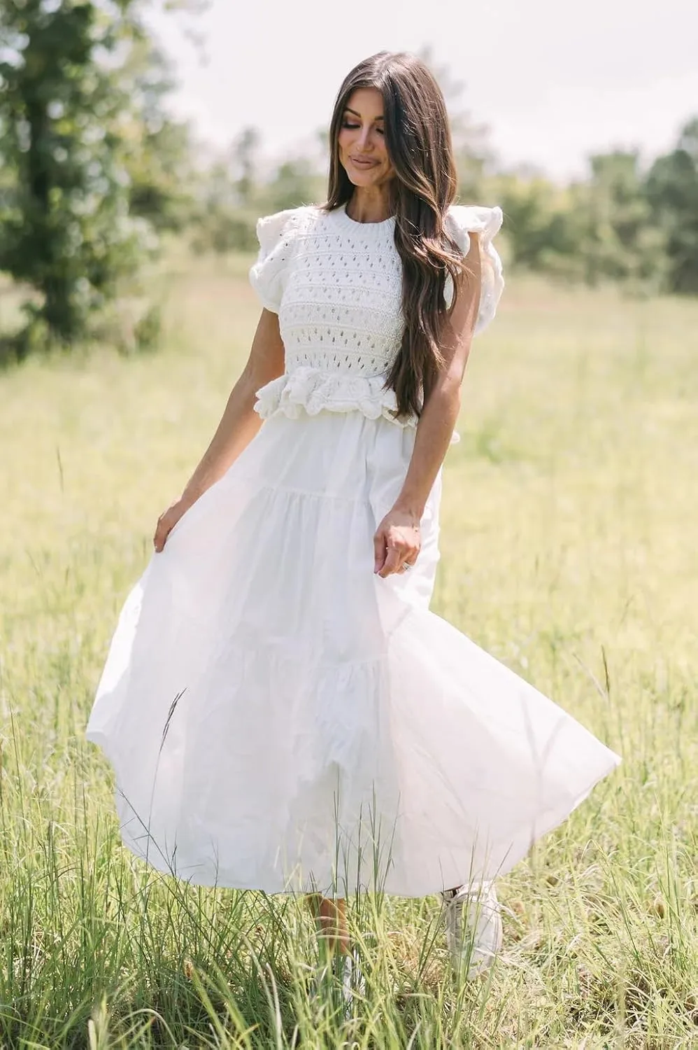 Womens 2025 Summer Causal Ruffle Sleeve Crochet Knit Tops Long Dress for Ladies Fall Trendy Tiered Dress