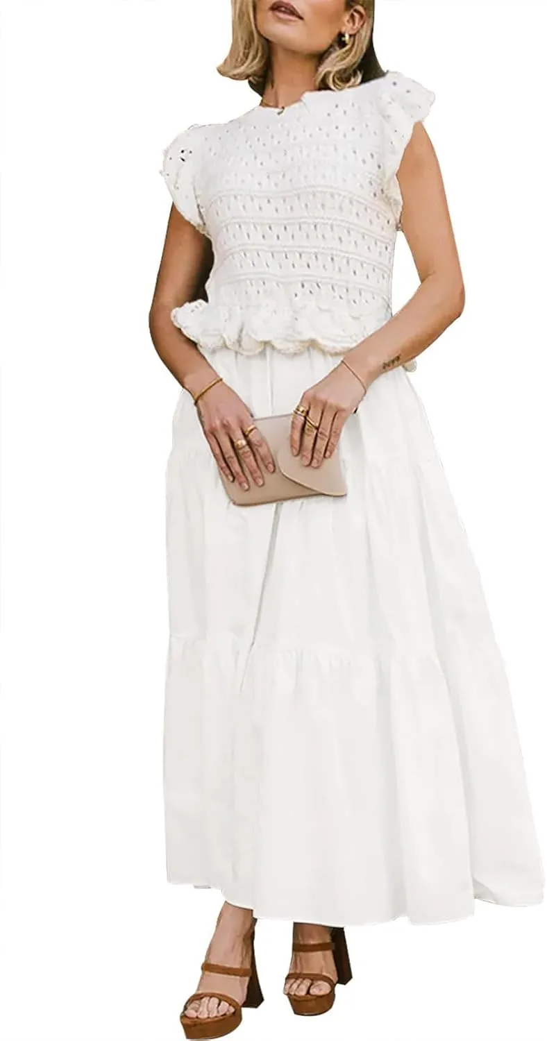 Womens 2025 Summer Causal Ruffle Sleeve Crochet Knit Tops Long Dress for Ladies Fall Trendy Tiered Dress