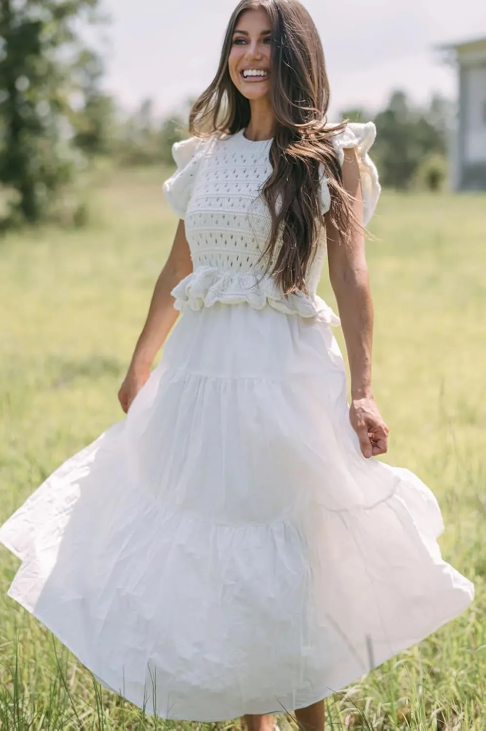 Womens 2025 Summer Causal Ruffle Sleeve Crochet Knit Tops Long Dress for Ladies Fall Trendy Tiered Dress
